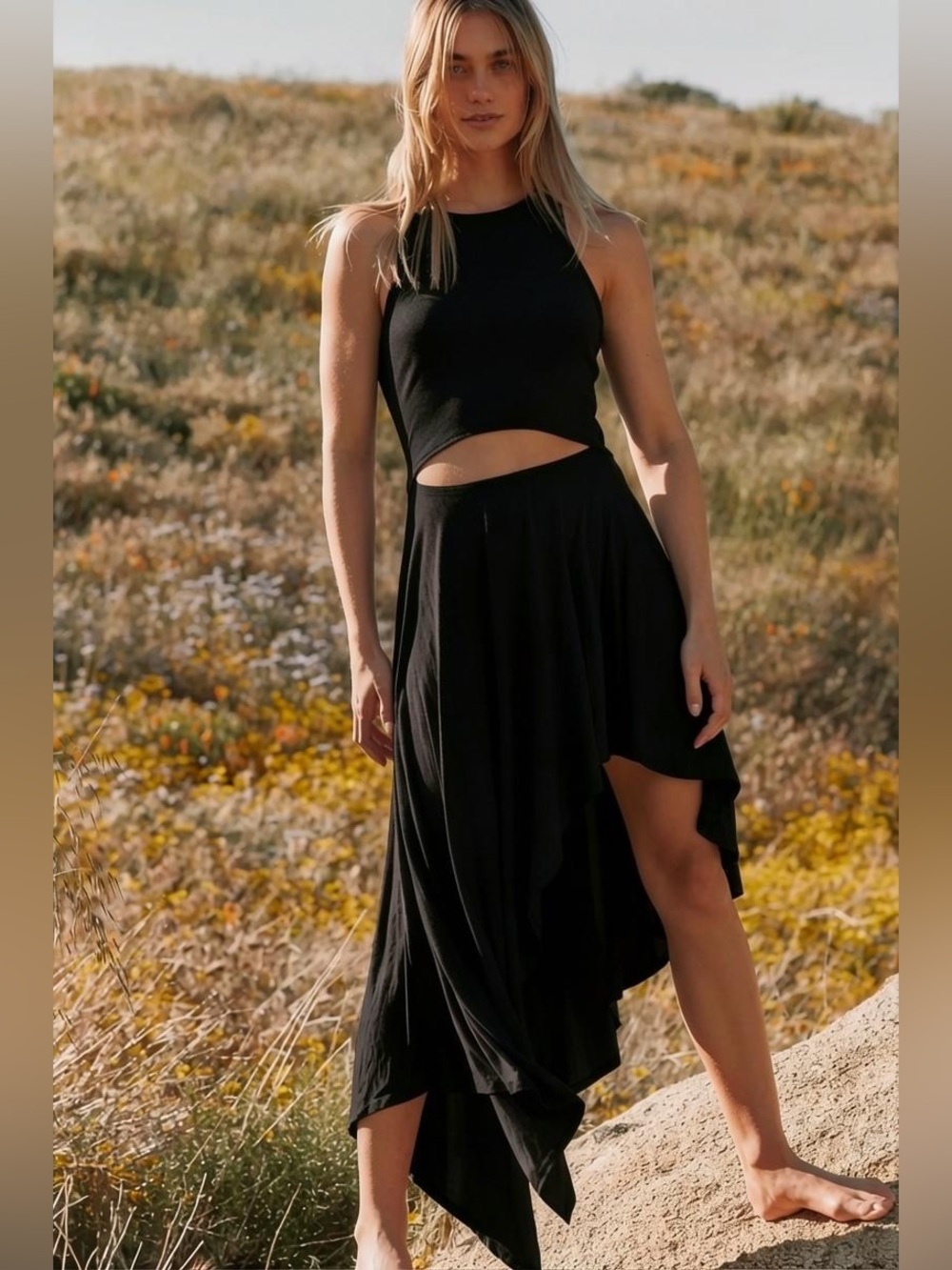 Free People Beach Black Bethany Cut Out Asymmetrical Midi Dress